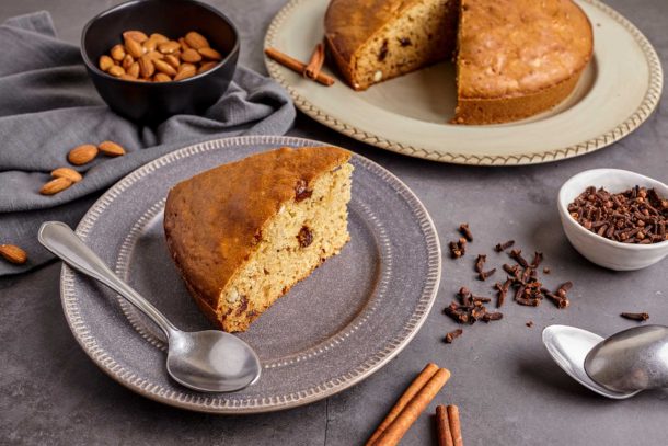 Almond Cake Baked with Olive Oil, Cinnamon and Raisins (Crete)