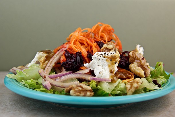Beet and Carrot Salad with Toasted Walnuts and Goat Cheese