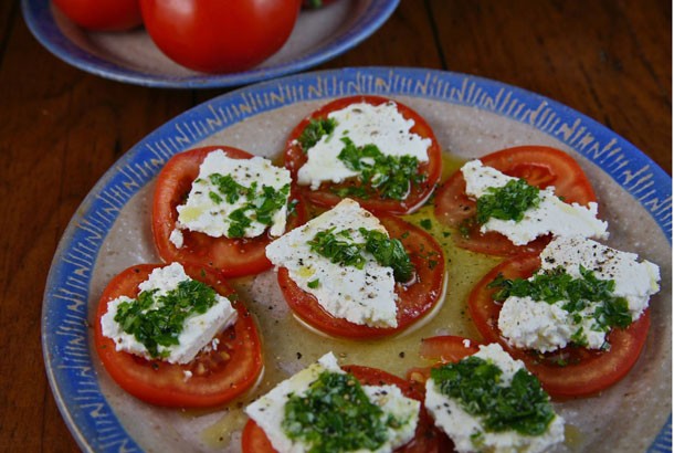 Tomato Slices with Feta Cheese and Fresh Herbs (Island of Crete)