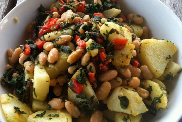 Dandelion, Cannellini, Potatoes & Roasted Red Peppers