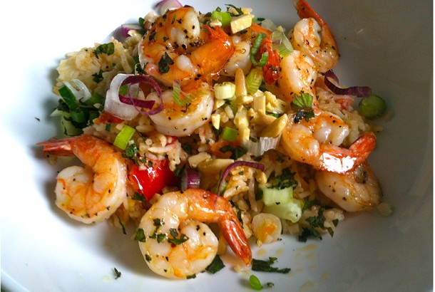 MediterrAsian Rice with Roasted Shrimp & Tomatoes