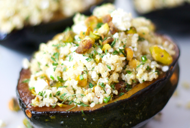 Mediterranean Diet: Acorn Squash stuffed with Quinoa, Feta and Pistachio