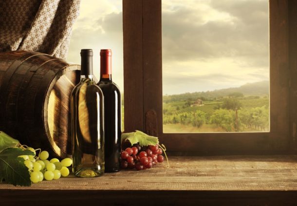 wine bottles and vineyard