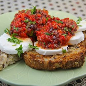 Mediterranean Diet Recipes: Red Pepper Tapenade with Mozzarella on Toast