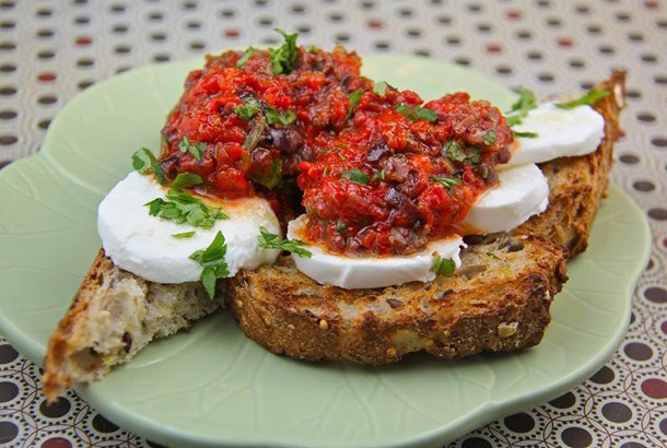 Mediterranean Diet Recipes: Red Pepper Tapenade with Mozzarella on Toast