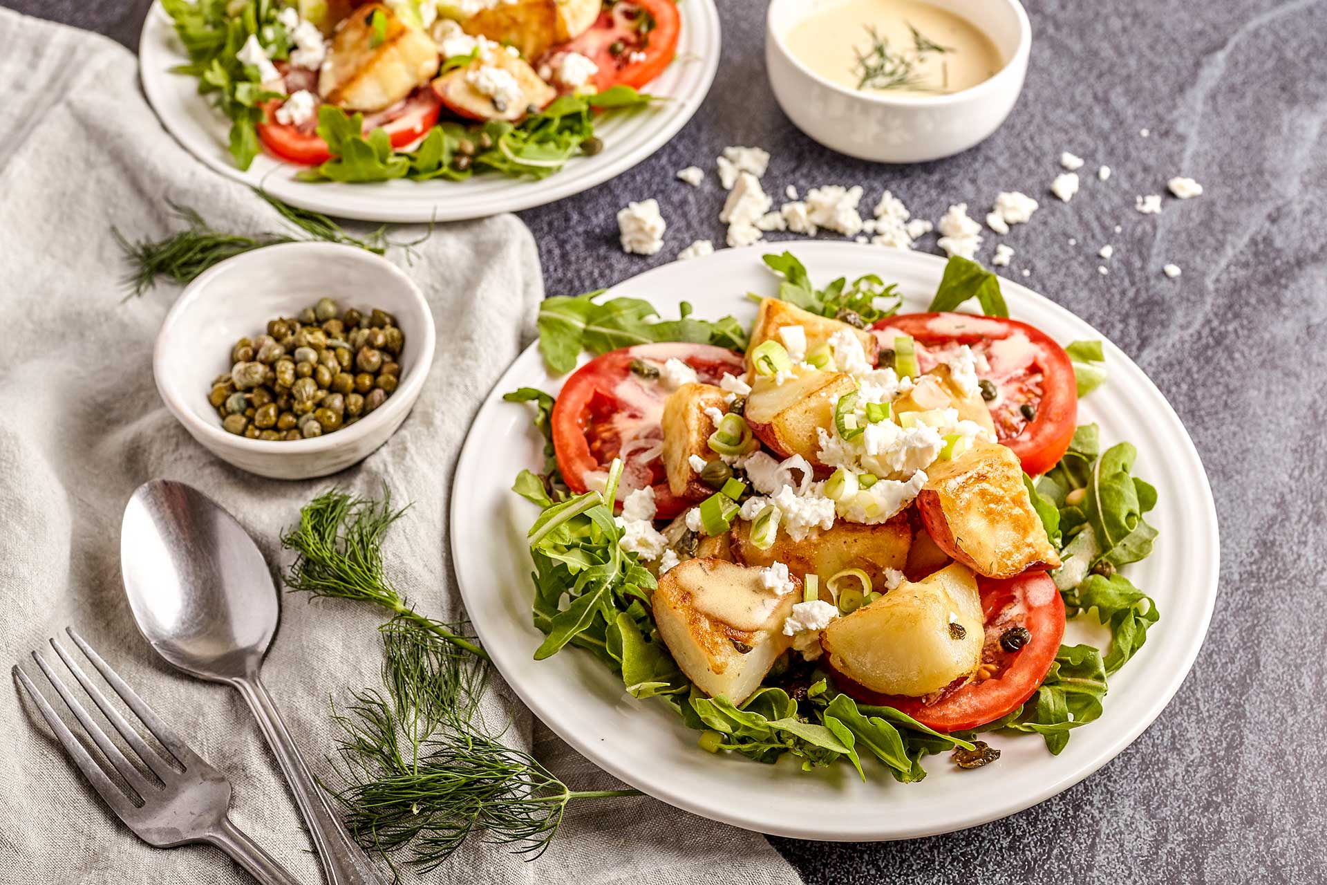 Mediterranean Fried Potato, Tomato and Arugula Salad