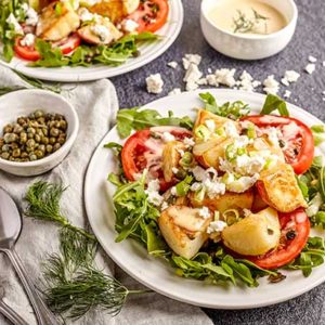 Mediterranean Fried Potato, Tomato and Arugula Salad