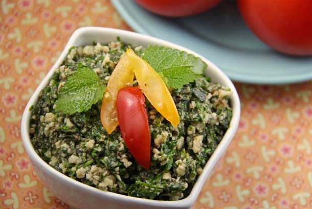 Lemon Balm Pesto with Walnuts, Cilantro and Parsley