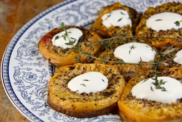 Baked Eggplant and Tomatoes Topped with Garlic Yogurt Sauce