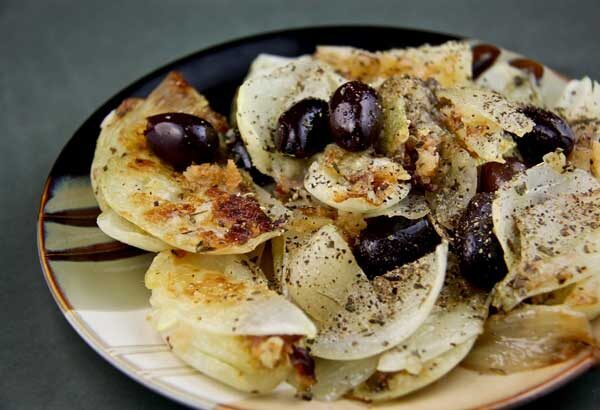 Fried Onion Salad with Black Olives (Greek Island of Skyros)