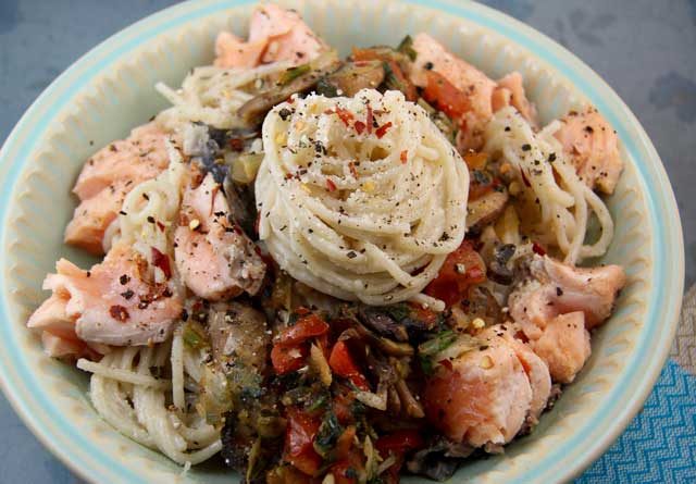 Pasta with Skillet Salmon, Mushrooms and Parsley