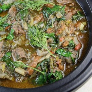 Mediterranean Diet: beef with spinach in skillet