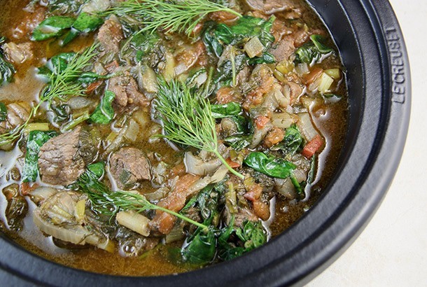 Mediterranean Diet: beef with spinach in skillet