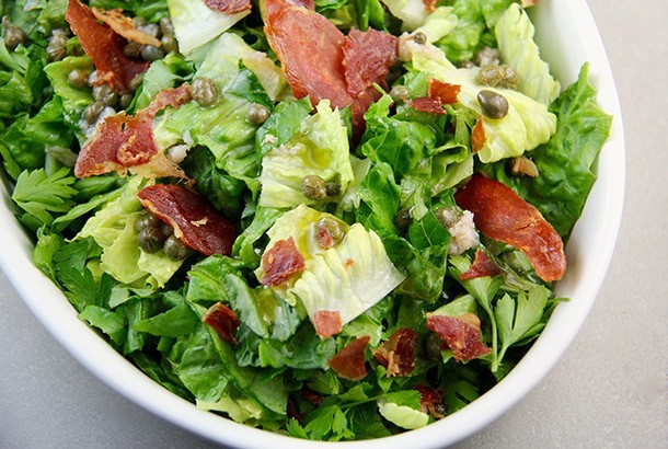 Arugula and Romaine Salad with Capers and Prosciutto