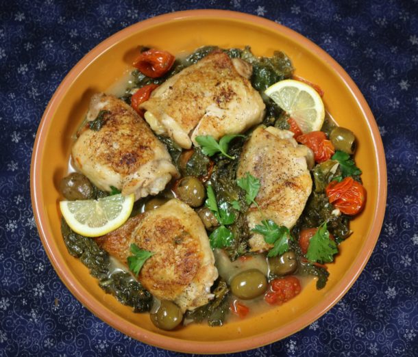 Mediterranean Diet Recipes: Chicken Thighs with Greens and Olives