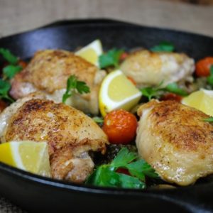 Mediterranean Diet: Skillet Chicken with Lemony Mustard Greens and Olives