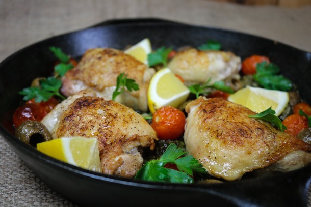 Skillet Chicken with Lemony Mustard Greens and Olives