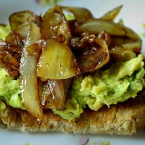 avocado toast with caramelized balsamic onions