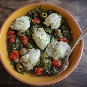 Instant Pot Chicken with Lemony Mustard Greens and Olives