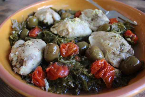 Instant Pot Chicken with Lemony Mustard Greens and Olives