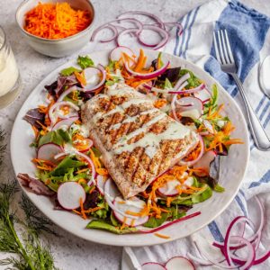 Grilled Salmon Salad with Yogurt Dill Dressing