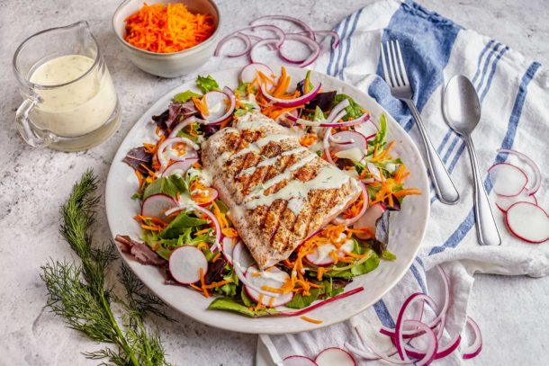 Grilled Salmon Salad with Yogurt Dill Dressing - Mediterranean Living