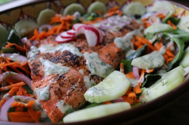 Grilled Salmon Salad with Yogurt Dill Dressing