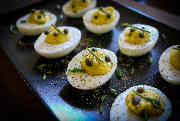 Deviled Eggs with Olive Oil, Capers and Chives