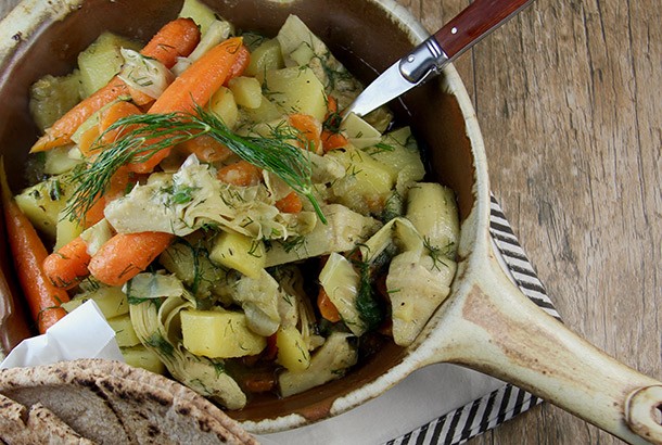 Greek Artichokes, Green Peas, and Potatoes