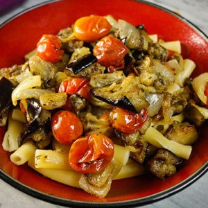 Ziti with Roasted Cherry Tomatoes and Eggplant