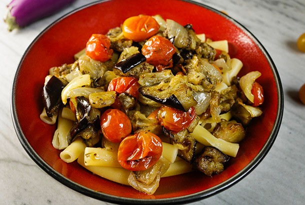 Ziti with Roasted Cherry Tomatoes and Eggplant