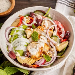 Mediterranean Grilled Chicken Salad with Creamy Yogurt Dressing