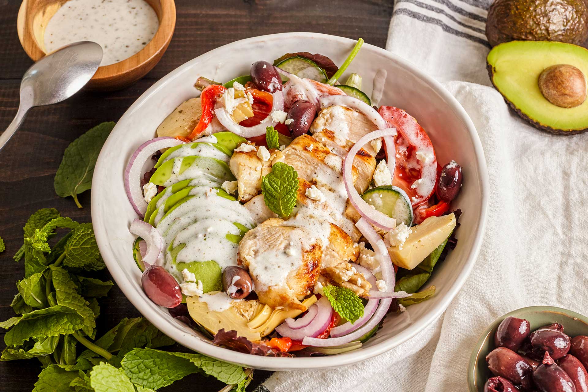 Mediterranean Grilled Chicken Salad with Creamy Yogurt Dressing