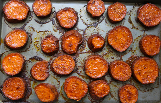 maple glazed sweet potatoes in pan