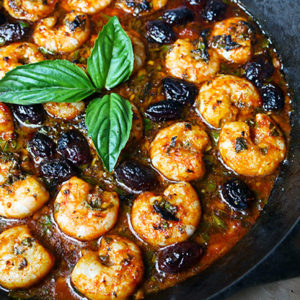 Skillet Garlic Shrimp with Basil and Olives