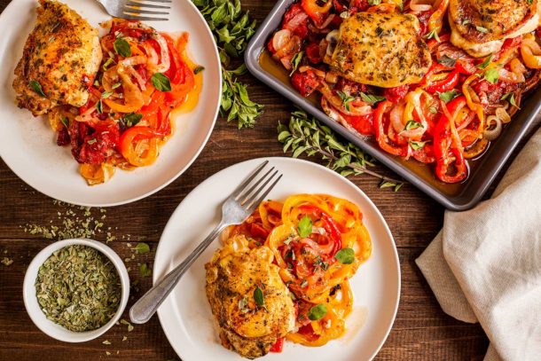 Sheet Pan Chicken Thighs with Peppers and Onions