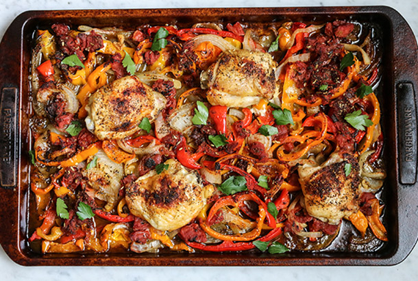 Sheet Pan Chicken Thighs with Peppers and Onions