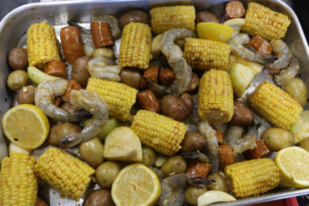 Mediterranean Sheet Pan Shrimp Boil Before Cooking