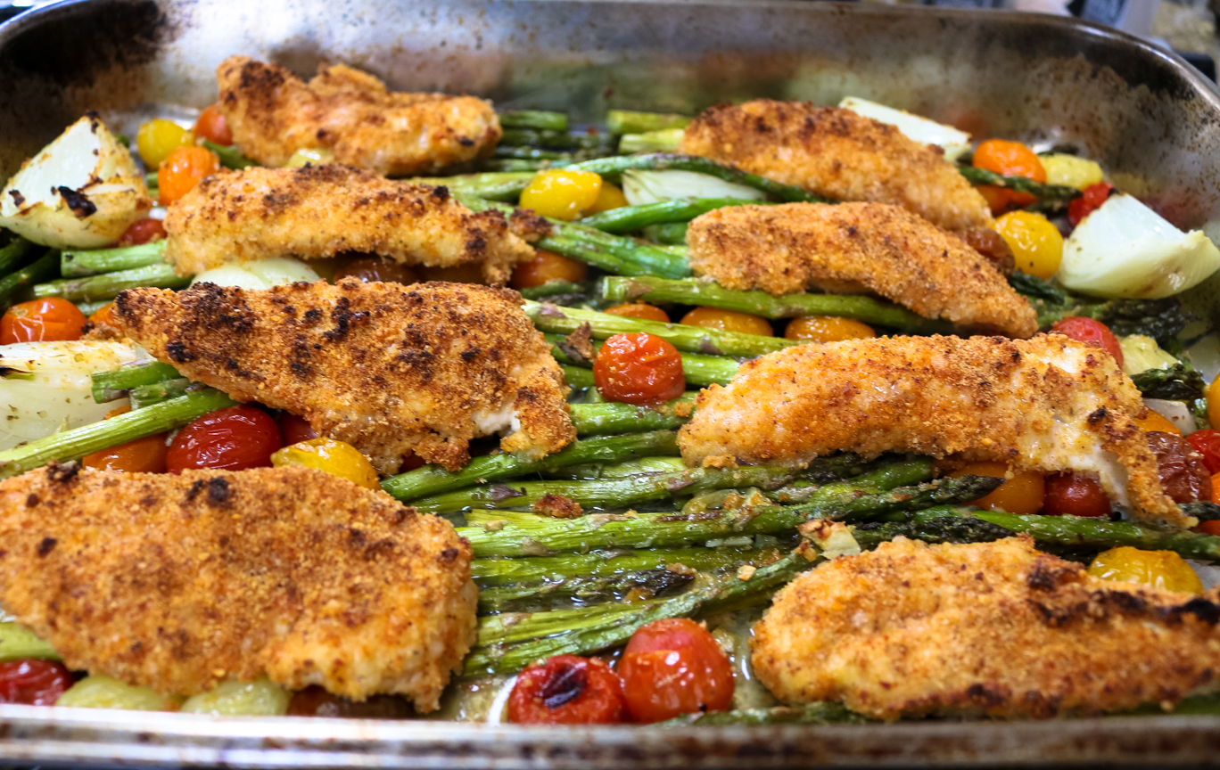 Mediterranean Fried Chicken with Cherry Tomatoes and Asparagus
