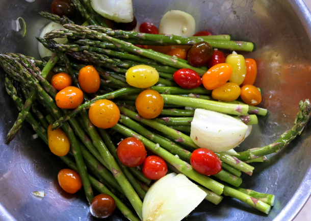 Mediterranean Fried Chicken with Cherry Tomatoes and Asparagus