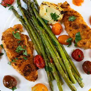 Mediterranean Fried Chicken with Cherry Tomatoes and Asparagus
