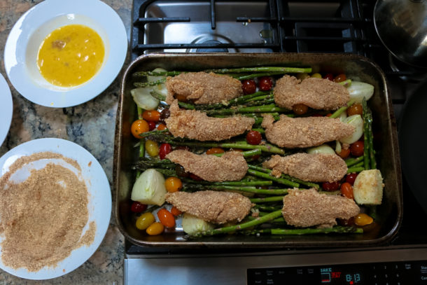 Mediterranean Fried Chicken with Cherry Tomatoes and Asparagus