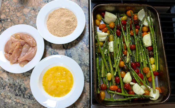 Mediterranean Fried Chicken with Cherry Tomatoes and Asparagus