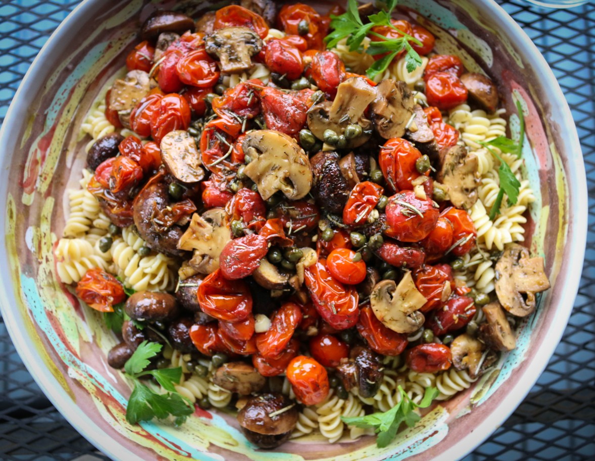 Cherry Tomato Sauce and Bela Mushrooms on Pasta Mediterranean Living