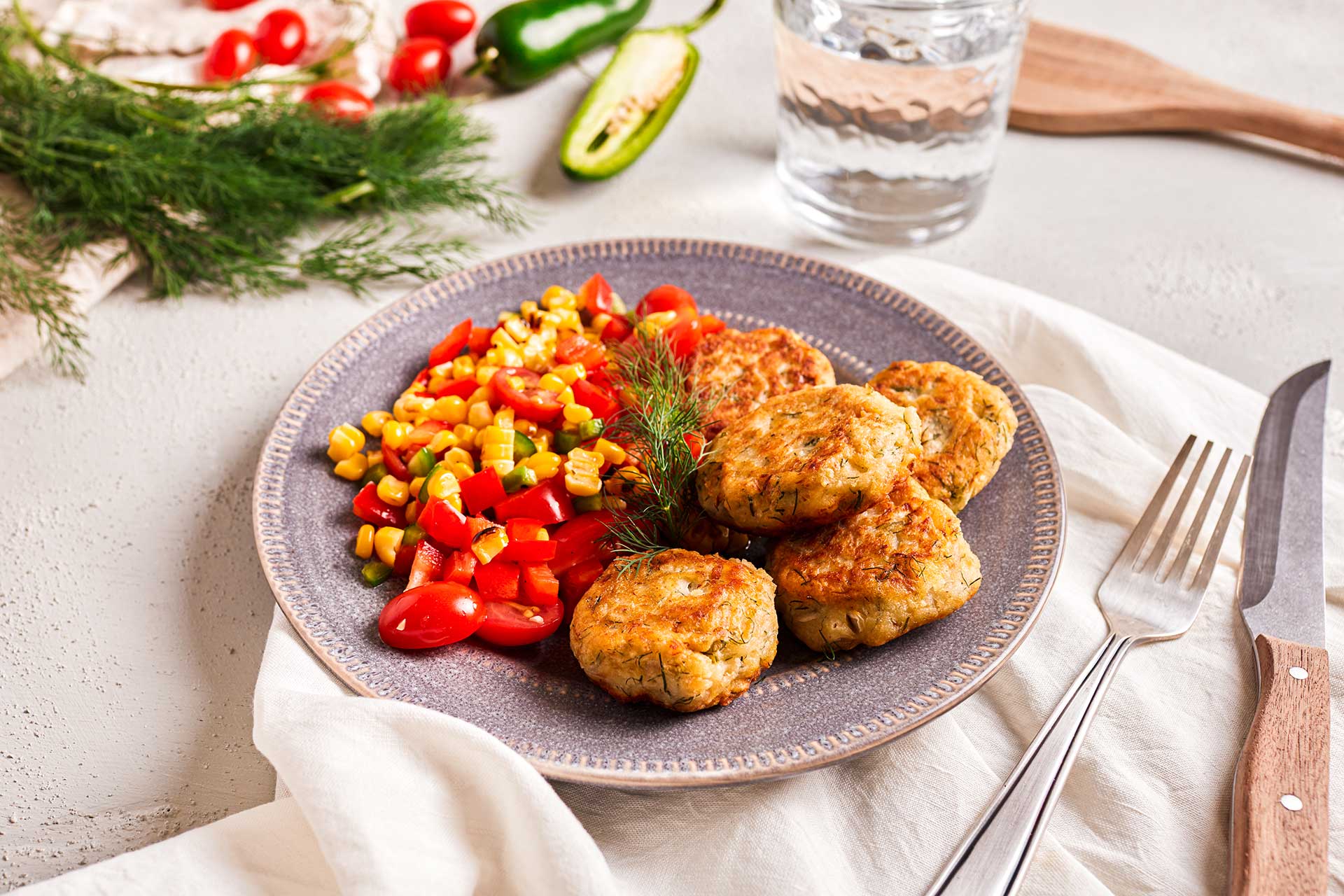 Salmon Cakes with Potato and Fire Roasted Corn Salsa