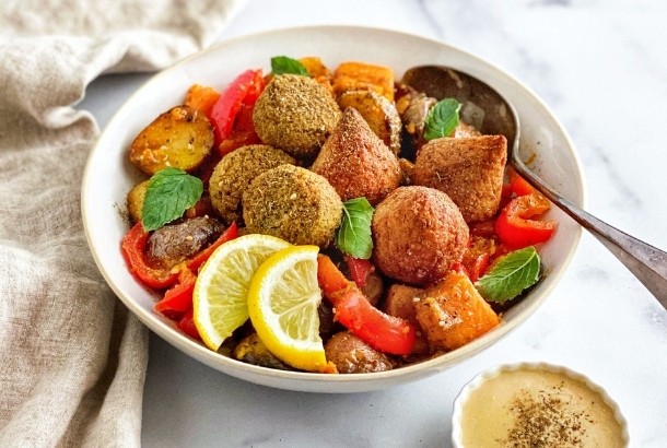 Roasted Potatoes with Sweet Tahini Dressing and Falafel