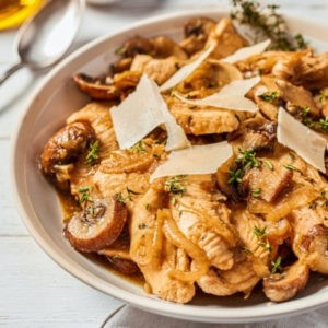 Chicken Skillet with Mushrooms and Slivered Paremesan