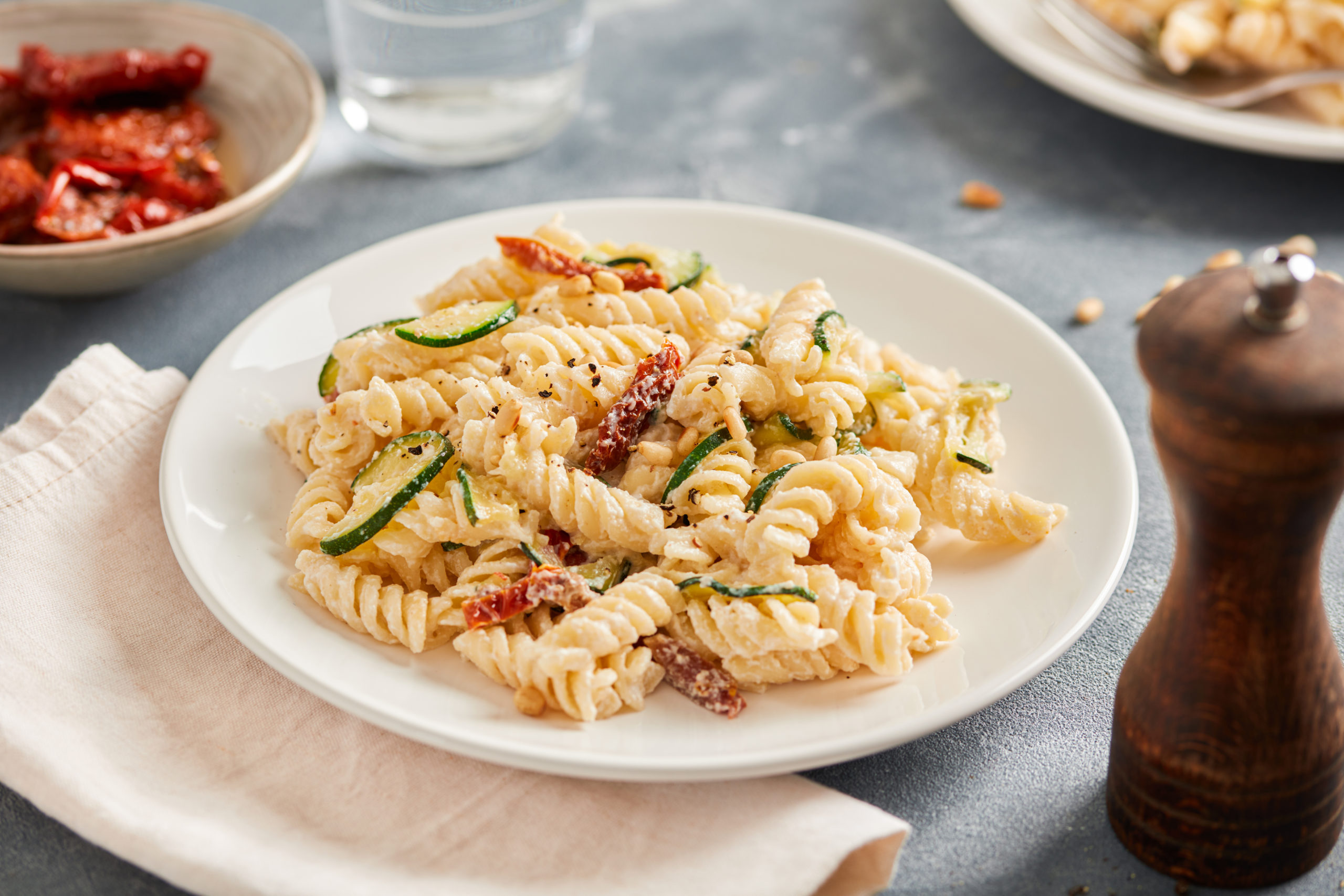 Pasta with Zucchini, Sun-Dried Tomatoes, Ricotta & Pine Nuts