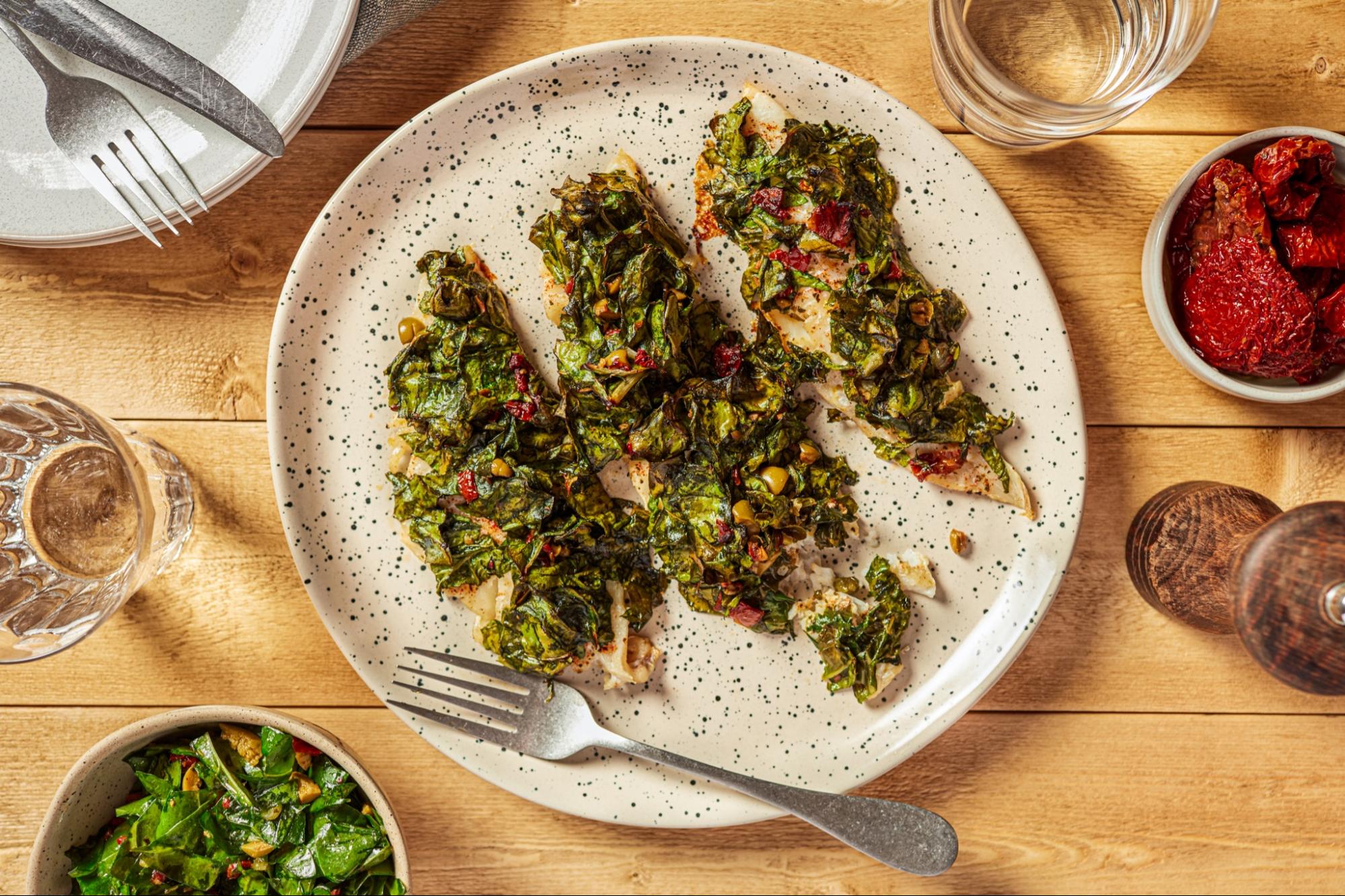 Sheet Pan Haddock with Swiss Chard and Sun Dried Tomatoes