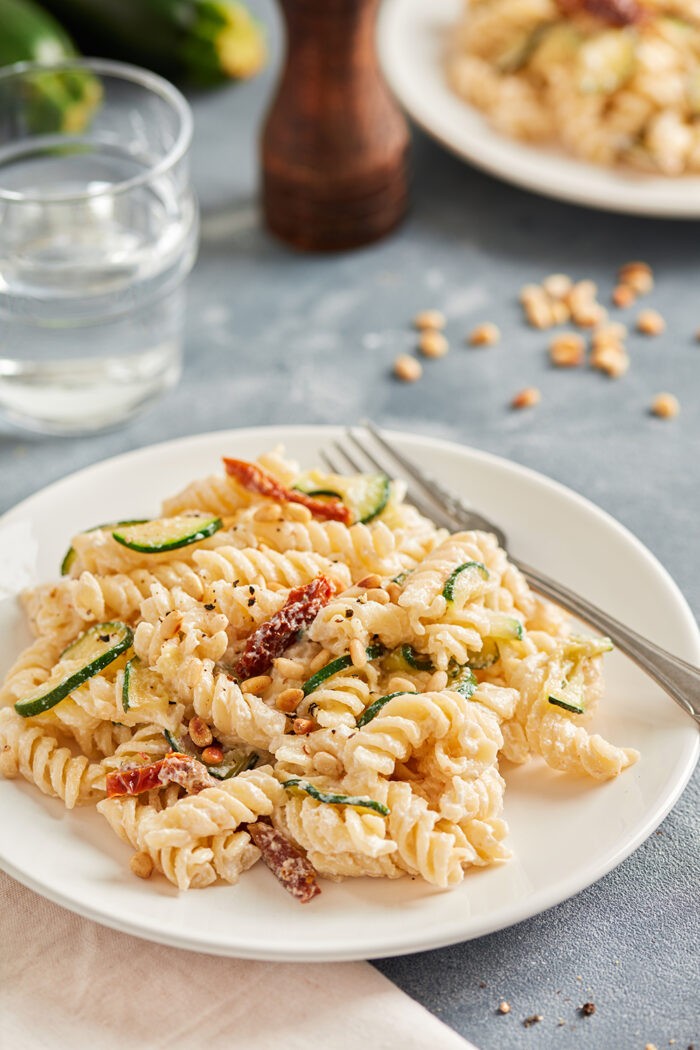 Pasta with Zucchini, SunDried Tomatoes, Ricotta & Pine Nuts